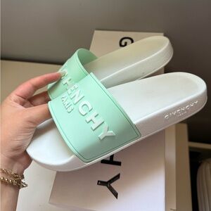 Givenchy Mint Green and White Logo Slide Sandals